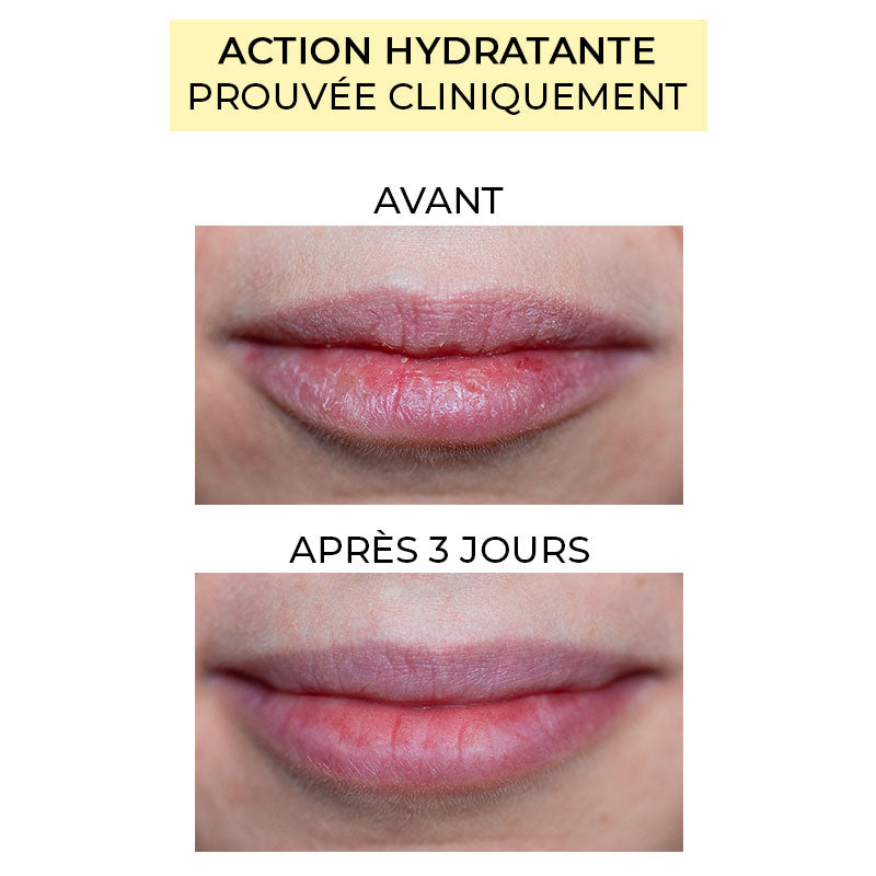 Avant après de l'action soin hydratant du rouge à lèvres naturel et clean Pomponne